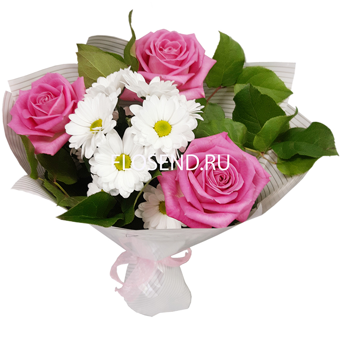 Букет «3 розовых роз и 2 белых хризантем» в Алчевске: купить букет с  доставкой, заказать на Flosend
